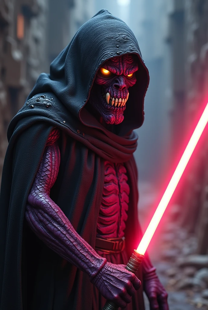 A Sith from Star Wars, mix of snake and human, sharp teeth, purple scarred skin, black cape with hood, dark atmosphere, scary, terrifying, red lightsaber, ultra-realistic
