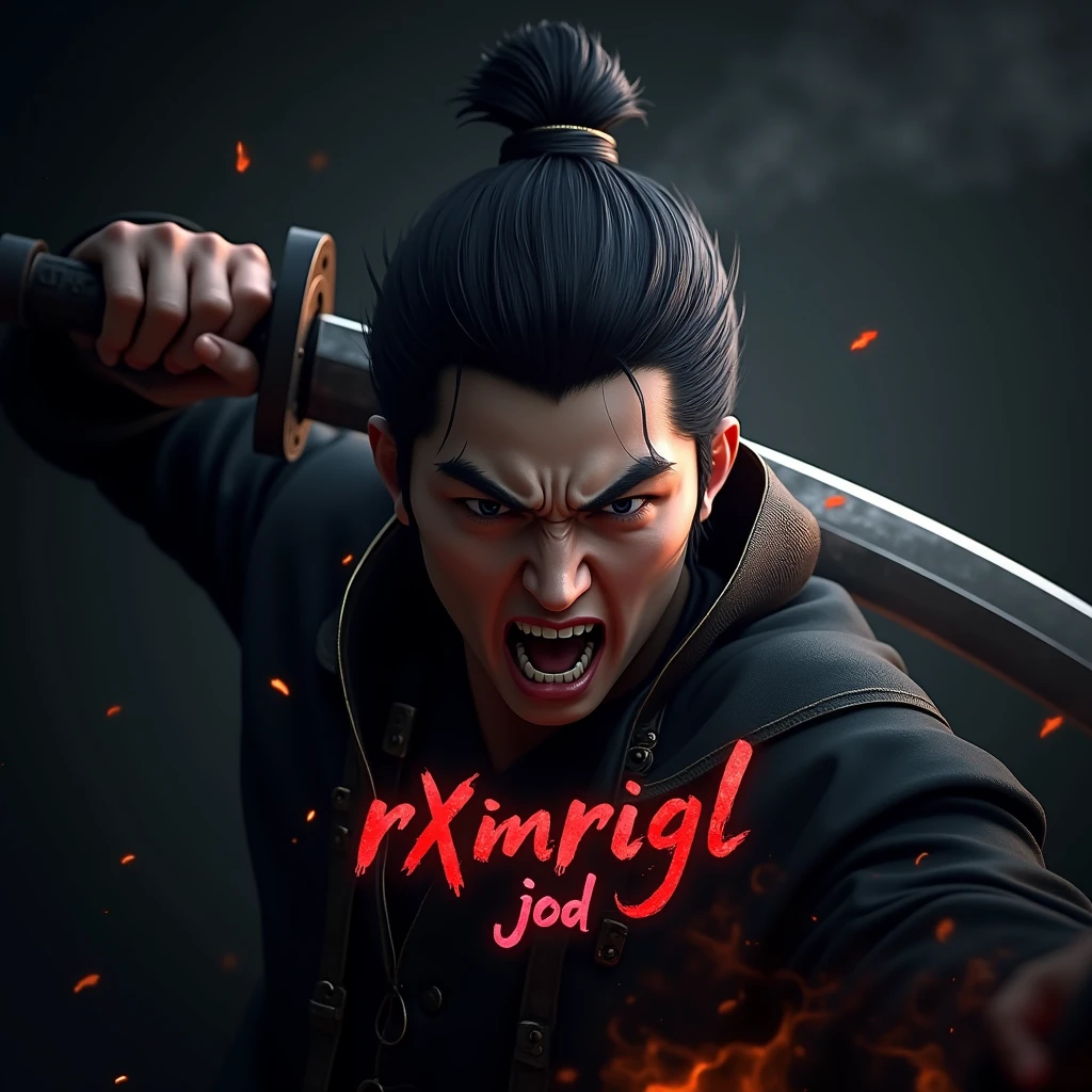 SUNG JIN WOO WITH SMOOKY EYES AND SWORD AND FULL IN RAGE 3D GAMING LOGO AND WRITE RGxMrIGL JOD IN IT