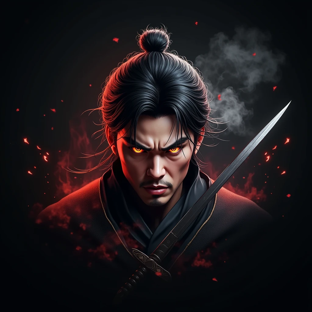 SUNG JIN WOO WITH SMOOKY EYES AND SWORD AND FULL IN RAGE 3D GAMING LOGO AND WRITE RGxMrIGL JOD IN IT