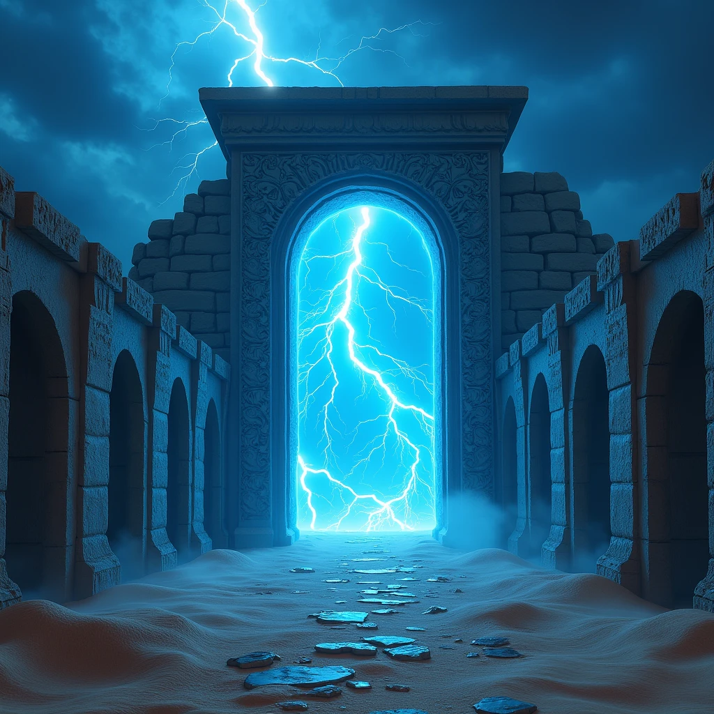 a field of stone arched doors with stone writing that says " XxXxX" on the top of the door with a blue swirling portal at the entrance in a lightning lit desert at night 