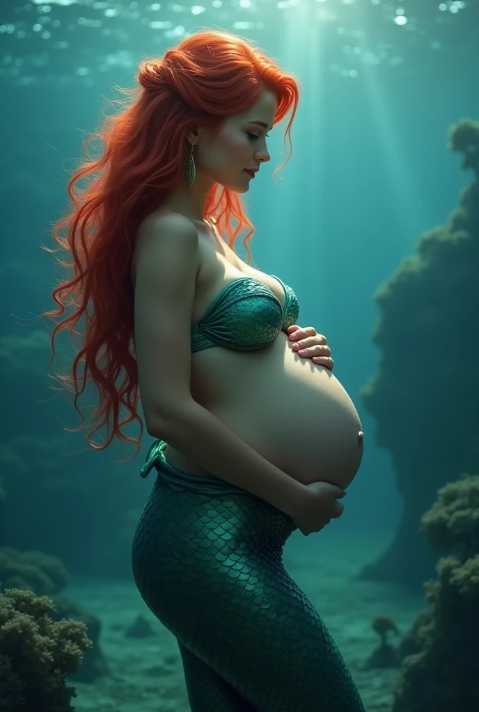 A stunning portrait of ariel She is pregnant, holding her belly, young and beautiful, hyper realistic, real portrait, backlit, exquisite features, cleavage, sexy, seductive, under the ocean, underwater kingdom, natural light, soft light, nine months pregnant, large belly, embodiment of love, bare belly, mermaid