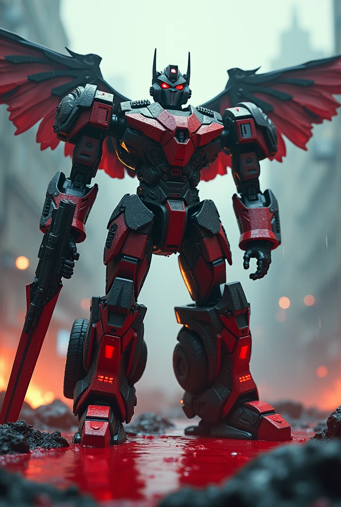 Create a 3D animated robot transformers with Nazi symbology, Neo-Nazis and Nazism with epic fighting poses and add to the scene poses of artistic sculptures stepping on their enemies soaked in red fluid, the atmosphere is cold, It's raining and it's dark, There are background gunshots and robots fighting, the protagonist has wings, a big sword and a big futuristic gun. Adolf Hitler in front pointing with euphoria