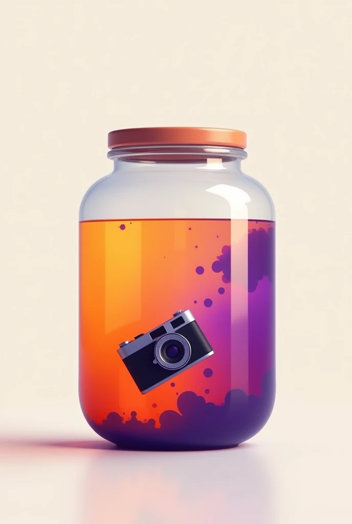 Logo styled -Opened jar filled with orange and purple liquid and floting camera inside,