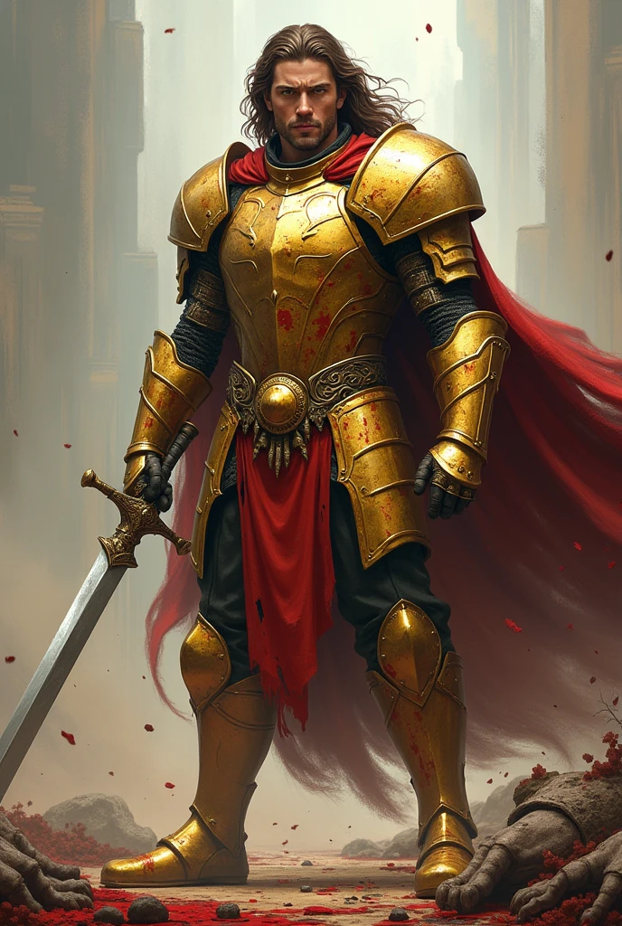 Create a young man without a beard, with long, shoulder-length brown hair and strong green eyes, wearing golden armor stained with the blood of his enemies He will be holding a long sword, almost bigger than your body