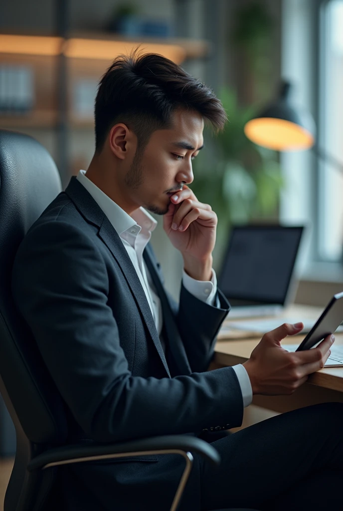 A young man professional thinking sitting office chair with a tablet on his hand