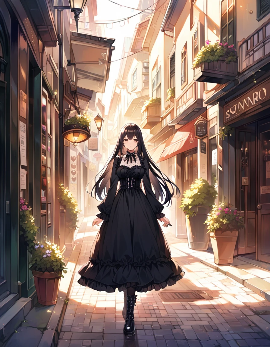 Woman, cute, kawaii, straight hair, long hair, black hair, full breasts, walking, sunny, full body, ta fashion, gothic fashion, daytime, sunlight