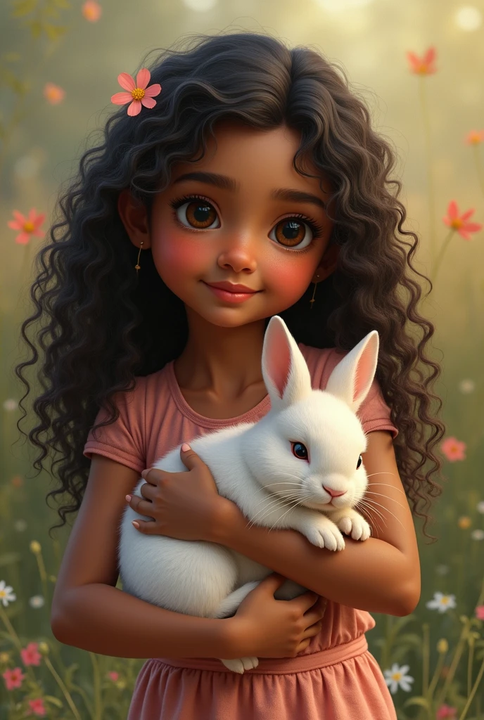 Indian girl fair and curly hair holding rabbit