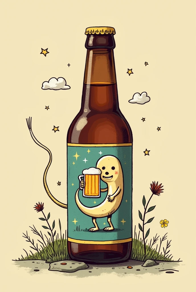 Beer label of a sperm drinking a mug of beer with the name The Origin of a Drunkard