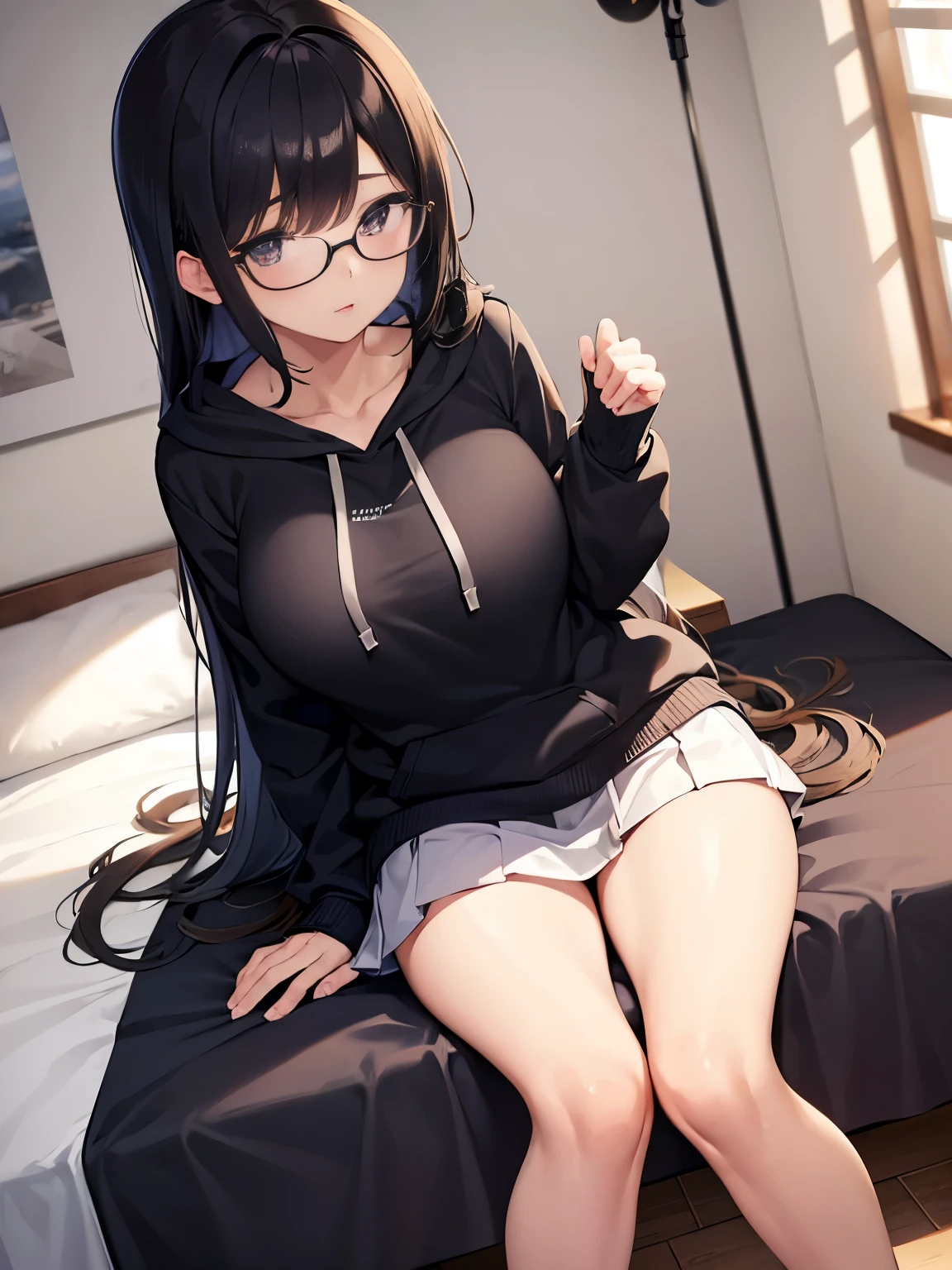 (1girl:1.3), Masterpiece, Best quality, amazing beauty, 4K, absurdres, finely detail, super detailed eye, perfect anatomy, official art, cinematic lighting, BREAK, bedroom, silky medium long hair, silky wavy hair, black hair, red round cell frame glasses, BREAK , big breasts, medium, sitting bed in bedroom, BREAK , (hoodie:1.2), BREAK,()