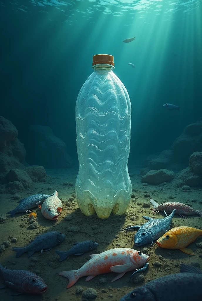 A plastic bottle in the ocean with dead marine life around it