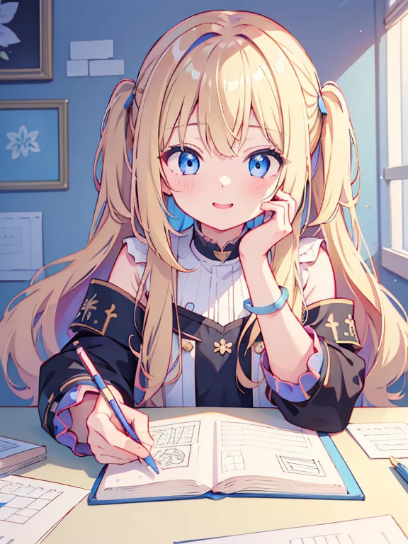 Highest quality、Ultra-high resolution、Highly detailed face、Eye highlights、(One girl、cute、、Blue Eyes、Long wavy blonde hair、smile、Innocent expression)、⦅He is drawing in a sketchbook spread out on his desk.⦆、There are five colored pencils on the desk.、smile