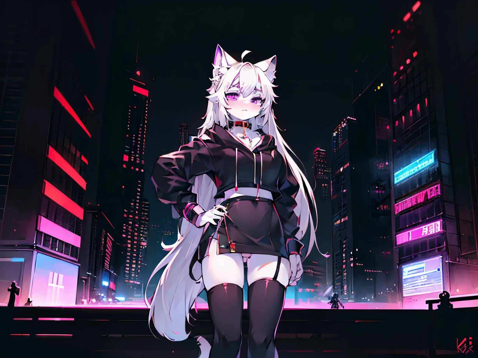 Masterpiece, high quality, high detailed, ((female cat, Kemono, white hair, white skin color, purple eyes, long hair, wear black cropped high cut hoodie, wear short black skirt, wear black g-string panties with neon line, wear red collar on neck, wear back tight stockings)), look at viewers, low level fov, no smile, little shocked reaction, free hand, pose, fluffy tail, (beach background, daytime, cyberpunk, cyberpunk style, cyberpunk vibes, cyberpunk city, no one else in beach background)