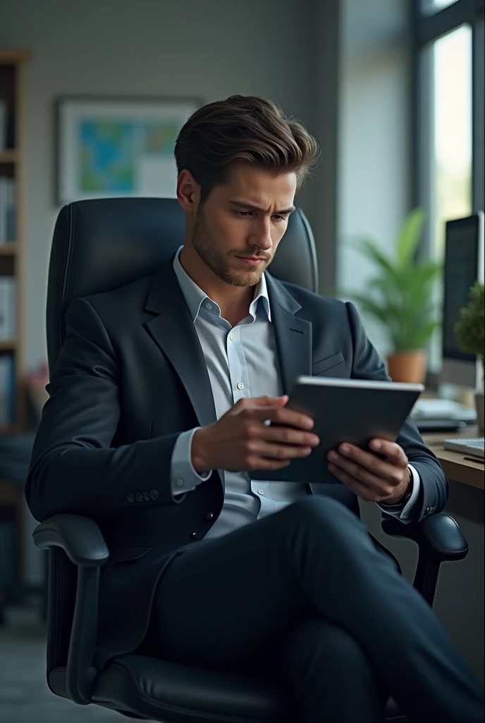 A young man professional thinking sitting office chair with a tablet on his hand