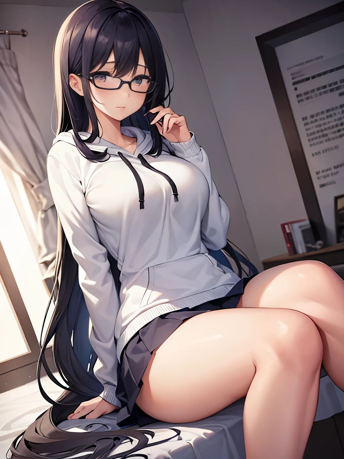 1girl, black hair, gradient hair, side view, wallpaper,eye glass、top-quality, Photorealistic, An ultra-fine illustrations, beautiful attractive anime girl, A dark-haired、blunt bangs、Slender body,  one girls, a photo of girl, Full body shot, Beautiful black eyes, Turned, in a school、Sitting at your desk、Sarah Clothes、a black pleated skirt