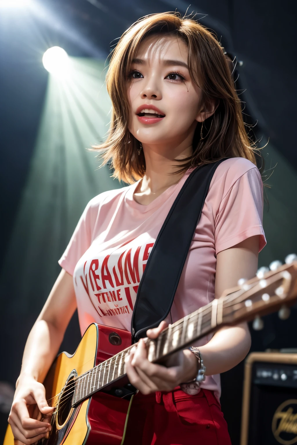 realistic, singing while playing the guitar, the left hand is holding down the guitar strings, the right hand is strumming the guitar, short stature, on the stage of the concert, brightly lit by spotlights on the stage, extremely bright lighting, singing passionately, wearing red t-shirt, open widely chest, wearing dennim pants, medium-length light-bronde hair, hair is blowing in the wind, hair is shaggy and dishevelled, beautiful white-colored translucent skin, sweat splashes, slendar figure, heavy and vivid makeup, shaped nose, smooth shaped jawline, glossy face, heavy flushed cheeks, big smile, close up shot