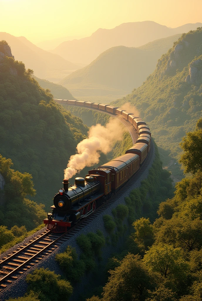 Expansion of Railways in India:** A wide view of a newly constructed railway track cutting through Indian landscapes, with a steam locomotive pulling carriages, symbolizing the technological changes introduced by the British " 3D images style