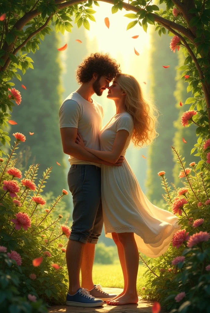 A white woman with blonde hair and a brown man with curly black hair in a garden couple