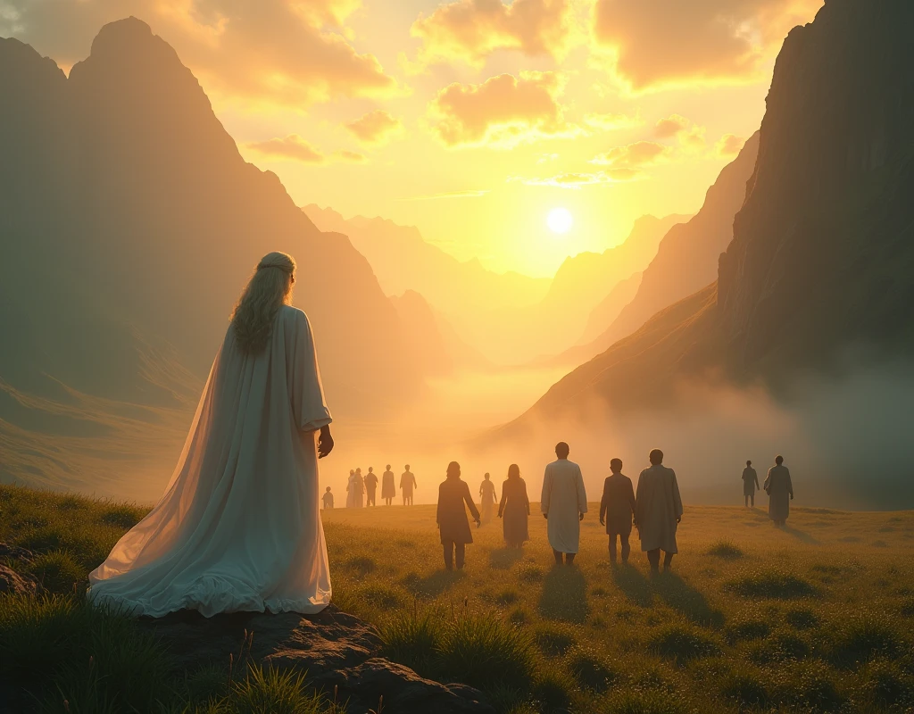 {
  "size": "1792x1024",
  "prompt": "A breathtaking, ultra-realistic, and cinematic scene showing a vast, ancient landscape during the dawn of creation. The scene includes a radiant sunrise casting golden light across a lush, serene valley, with towering mountains in the background. In the foreground, an ethereal figure representing divine protection watches over a group of people walking through the valley. The atmosphere is peaceful and majestic, evoking a sense of divine care and protection. The image should have an 8K resolution, with vivid colors and intricate details."
}
TAMANHO DA IMAGEM 1980X720