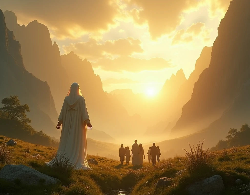 {
  "size": "1792x1024",
  "prompt": "A breathtaking, ultra-realistic, and cinematic scene showing a vast, ancient landscape during the dawn of creation. The scene includes a radiant sunrise casting golden light across a lush, serene valley, with towering mountains in the background. In the foreground, an ethereal figure representing divine protection watches over a group of people walking through the valley. The atmosphere is peaceful and majestic, evoking a sense of divine care and protection. The image should have an 8K resolution, with vivid colors and intricate details."
}
TAMANHO DA IMAGEM 1980X720