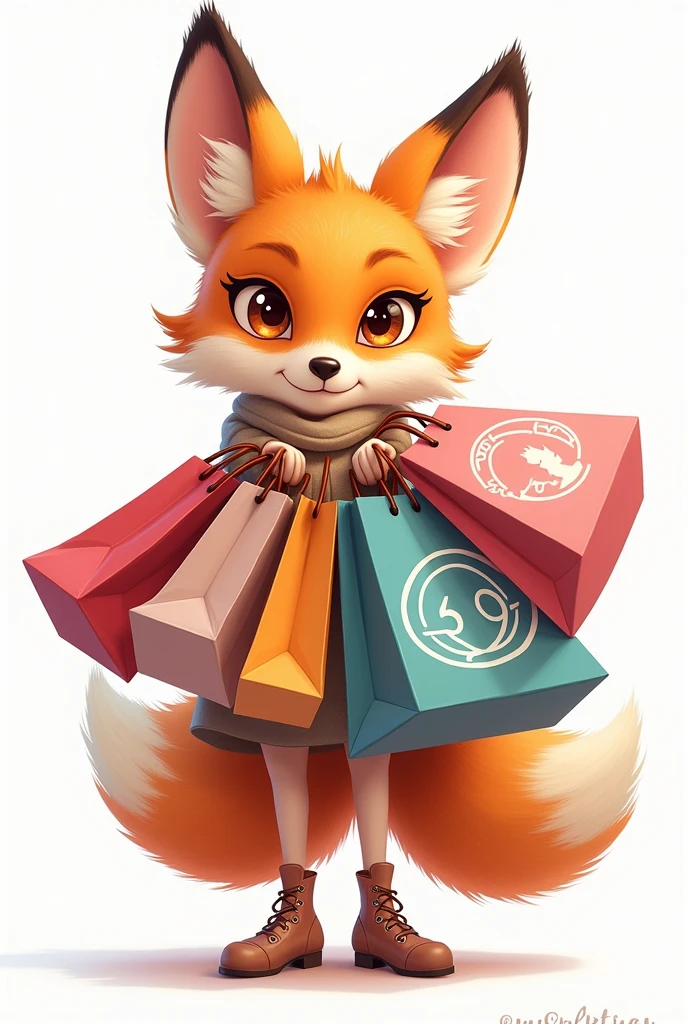 I want to create an avatar for my TikTok channel called Shopping Addict. Avatar size requirement is square, White background, female fox (face to face) naughty is shopping for lots of things (Hand carrying many bags).