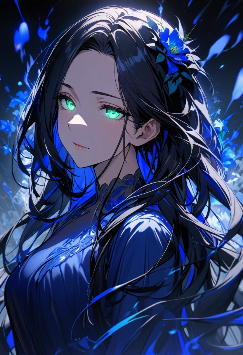 girl, black hair, long hair, green eyes, ,blue hair ornament pretty, blue dress, ,beautiful eyes, mature, super detail, beautiful color, blue aura, smooth hair, adult, mature, woman, flower, main face, front face, shine exposure, half eyes, glowing eyes