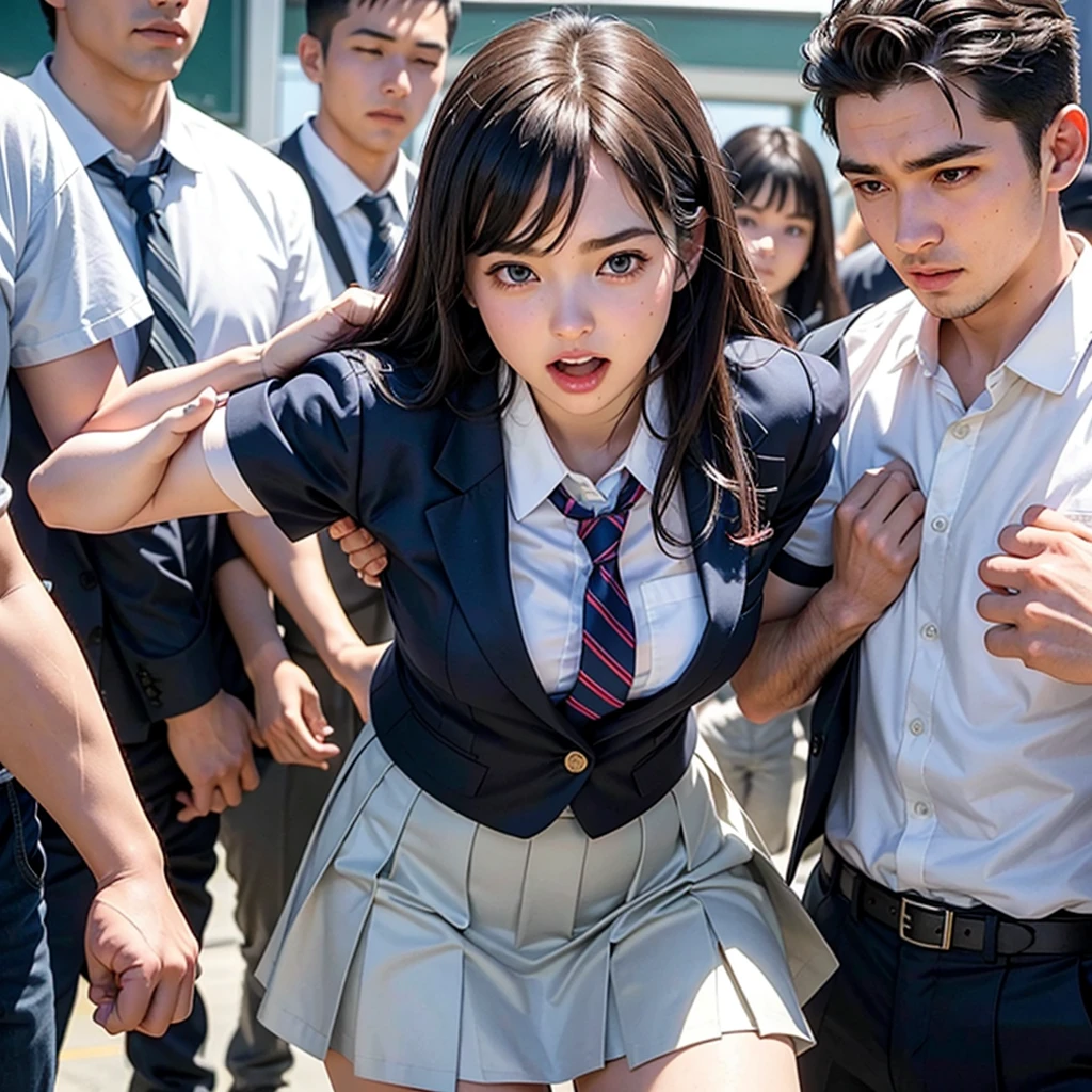 A pure and beautiful girl surrounded by excited high school students, School uniform is torn and molested, She is embarrassed to be seen being molested by high school boys and screams with her mouth open., A high school boy grabs my chest from behind, I get wet when a high school student touches my crotch,  Anatomically correct, Being molested by a group of men, I was surprised by the viewers&#39; gazes., Beautiful wavy bob hair, blush, Body turns bright red, Wet with sweat, Increased sensitivity, Tears overflow from your beautiful eyes, Ultra-high resolution, Slender body, Japanese, Cowboy Shot