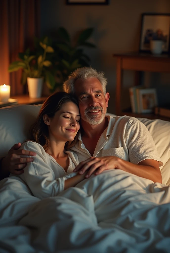 A man with his wife in a bed 