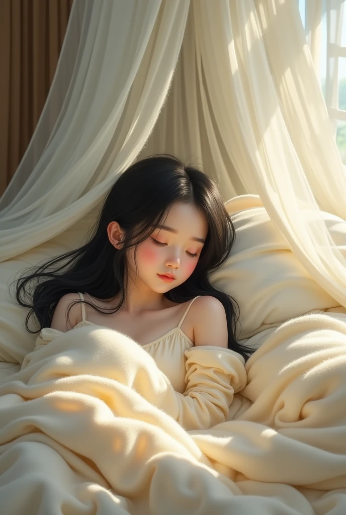 On the bed, there is a beautiful mosquito net around the bed. A beautiful, sweet and gentle young woman is wearing a long-sleeved, light-colored nightgown. Her long, black hair is sleeping soundly under a fluffy white blanket. The oil painting is a three-dimensional painting by Professor Chalermchai.
