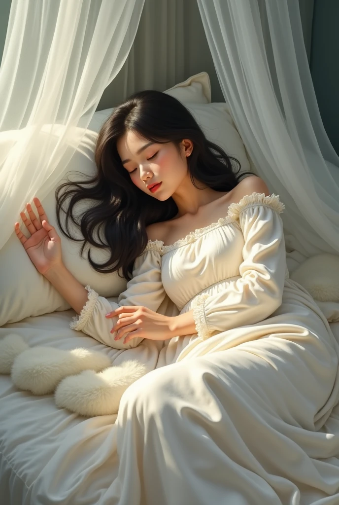 On the bed, there is a beautiful mosquito net around the bed. A beautiful, sweet and gentle young woman is wearing a long-sleeved, light-colored nightgown. Her long, black hair is sleeping soundly under a fluffy white blanket. The oil painting is a three-dimensional painting by Professor Chalermchai.