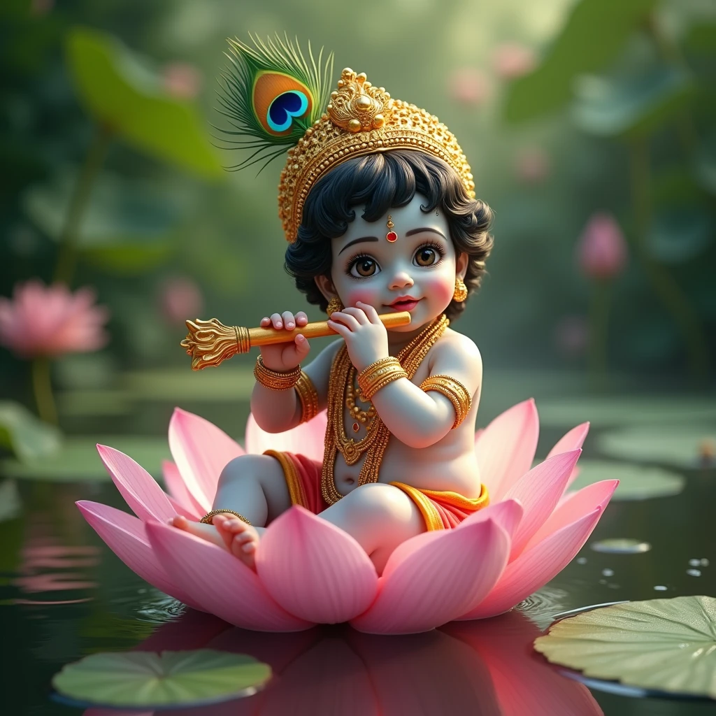 Lord Krishna as a baby, sitting on a pink lotus flower in a pond, wearing a golden crown with a peacock feather in it, playing a flute
