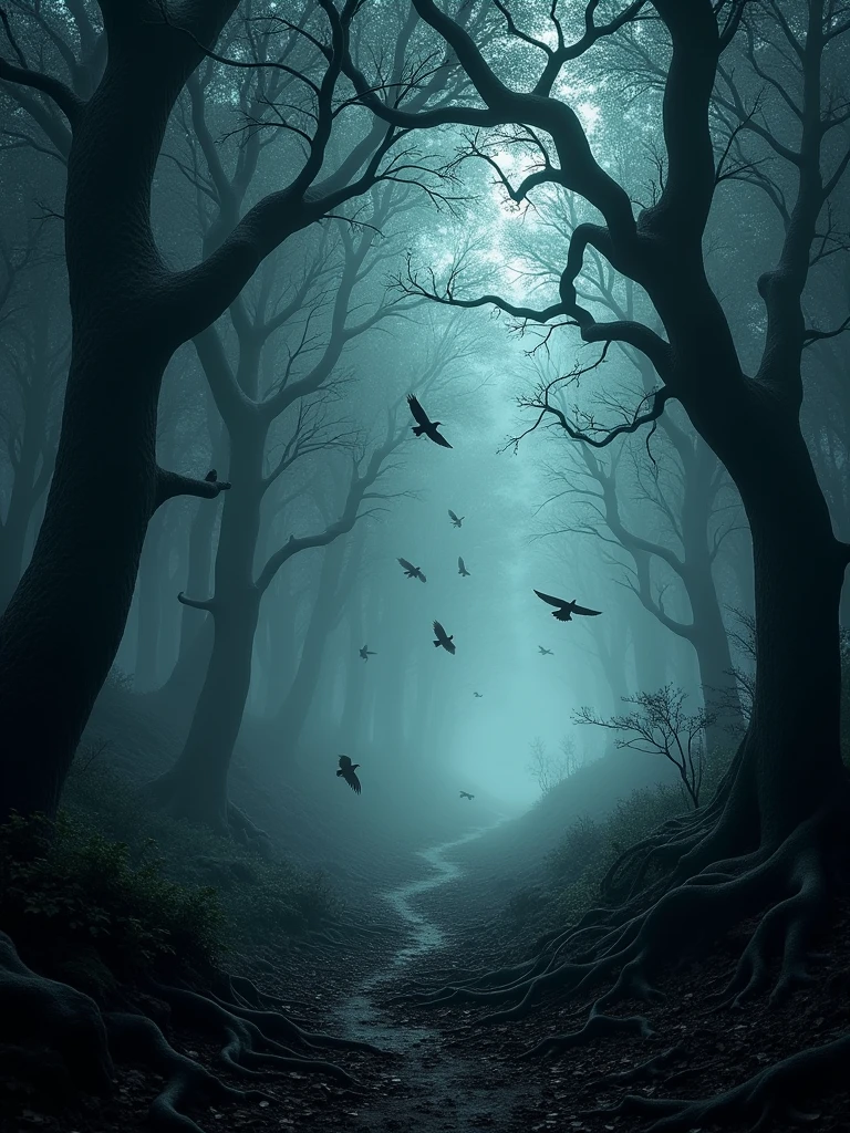 A spooky forest at night, ultra-detailed with ghostly lights, Mist and crows flying