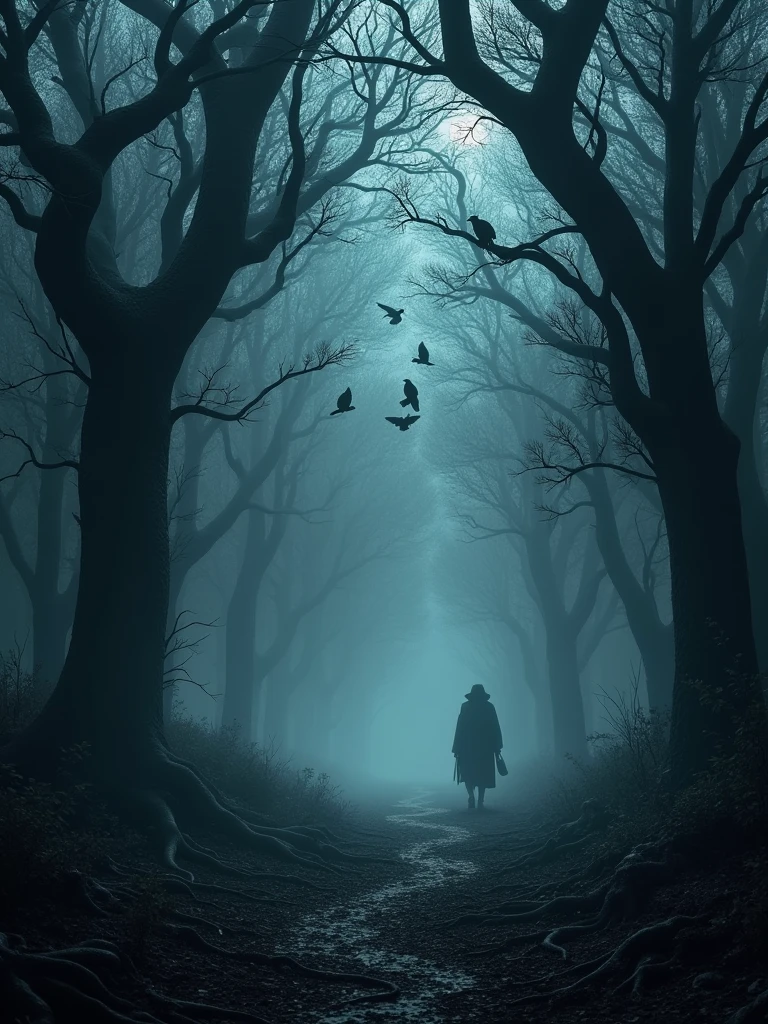 A spooky forest at night, ultra-detailed with ghostly lights, Mist and crows flying