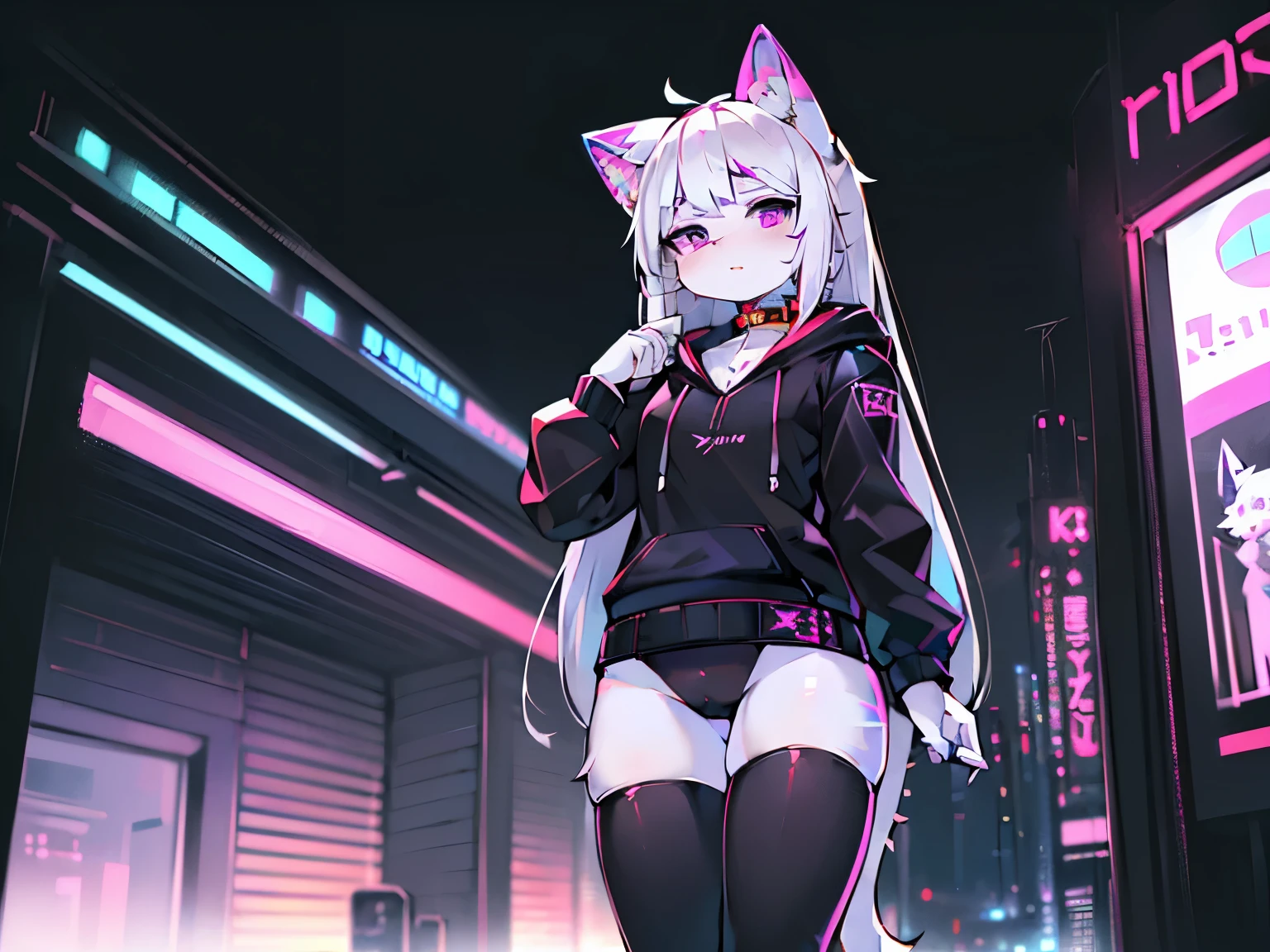 Masterpiece, high quality, high detailed, ((female cat, Kemono, white hair, white skin color, purple eyes, long hair, wear black cropped high cut hoodie, wear short black skirt, wear black panties with neon line, wear red collar on neck, wear back tight stockings)), look at viewers, low level fov, no smile, little shocked reaction, free hand, pose, fluffy tail, (beach background, daytime, cyberpunk 2077, cyberpunk style, cyberpunk vibes, cyberpunk city, no one else in beach background)