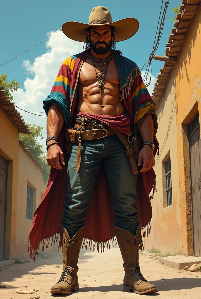 Man with arrogant and mean look, tall, wearing Mexican clothing, 30 years old