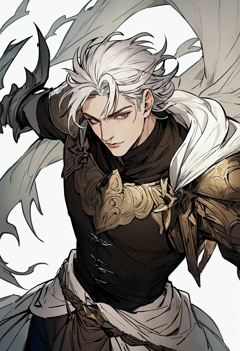 work of art:1.2, best qualityer, Male fantasy medieval character white hair no background in the middle qged, very detailled, with a black armor ,