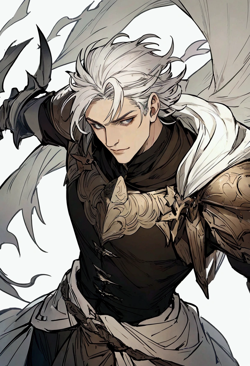 work of art:1.2, best qualityer, Male fantasy medieval character white hair no background in the middle qged, very detailled, with a black armor ,