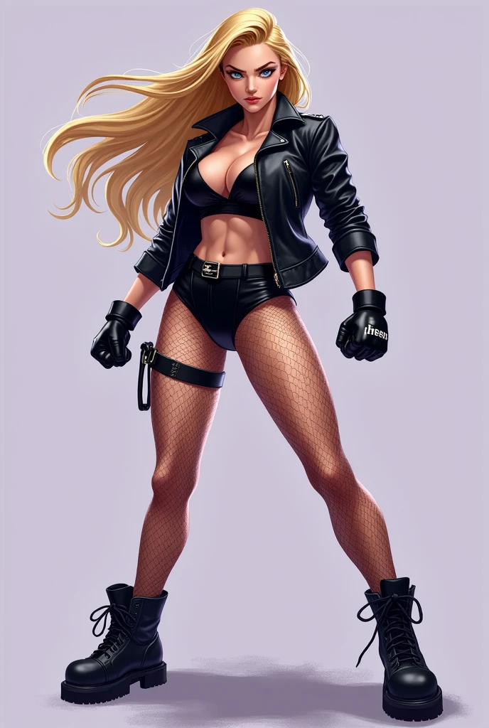 Digital art with fluid colored strokes and oil shading. A blonde female fighter, 25 yaers, athletic body, strong arms and extremely strong legs, almond-shaped blue eyes, long flowing hair, she is wearing a short, black leather jacket over a black latex bodysuit, fishnet tights, black combat gloves and black boots. She is serious. In a defiant pose. Image inspired by the art of Artgerm. On a neutral lilac background.
