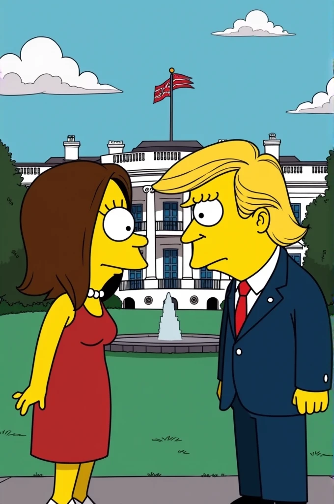 Kamala Harris with Simpson's drawing features attacking Donald Trump also with Simpson's drawing features in front of the White House