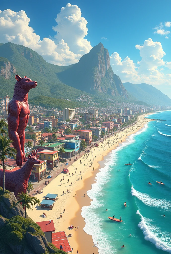 Big beach town, with several sculptures of metallic animals on its edge, ounce, ape, bear, bird and deer. Colorful and beautiful buildings, boardwalk full of structures for sports such as skateboarding, outdoor gym and soccer and volleyball fields. People on the beach and surfers in the sea