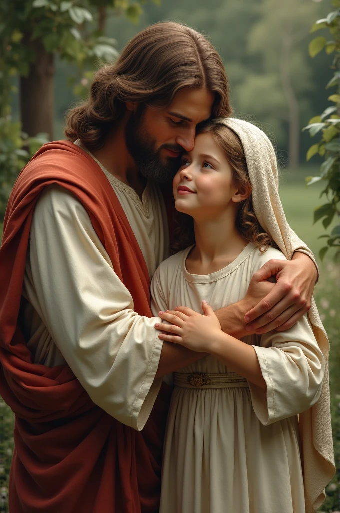 Jesus and Mary embracing a young girl