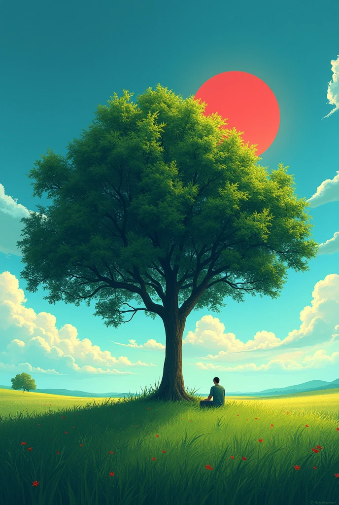 A green field, a man sitting under big tree shadow,blue sky,red sun.