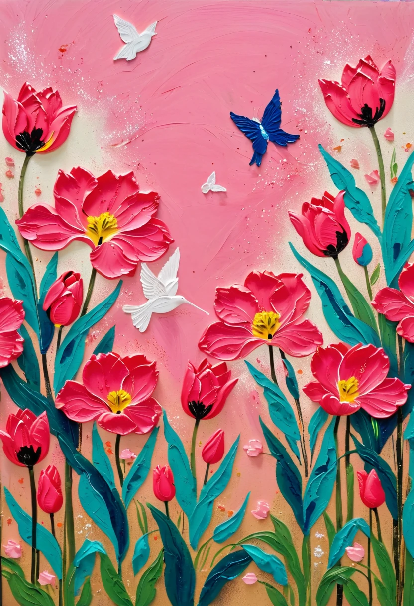 A painting：(((Soft tones，Chalk painting，Oil stick painting，flight，Thick coating，Uneven texture，Plaster texture，Graffiti)))。Korean style framed decorative painting，Stereo裱花，French style flower decoration，3d，Stereo，Pink tulips。