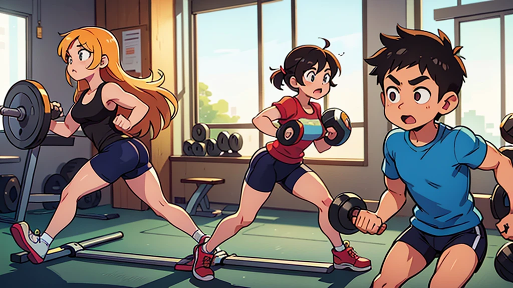 Cartoon Style,Everyone in the company gym,There are people doing dumbbell exercises inside,Some people train their muscles,Someone is running on the treadmill