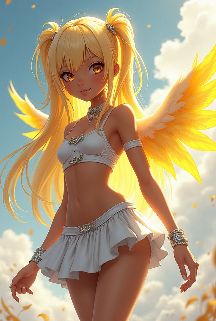 A girl with dark skin like anime, with a silver top, and bracelets on silver hands, with a silver skirt that covers her right leg but the left leg is very short up to the thigh, Her hair is straight, waist-length and is light yellow in color., Her hair is loose but she has two pigtails in the back., and has silver accessories on his head, has golden wings of course 