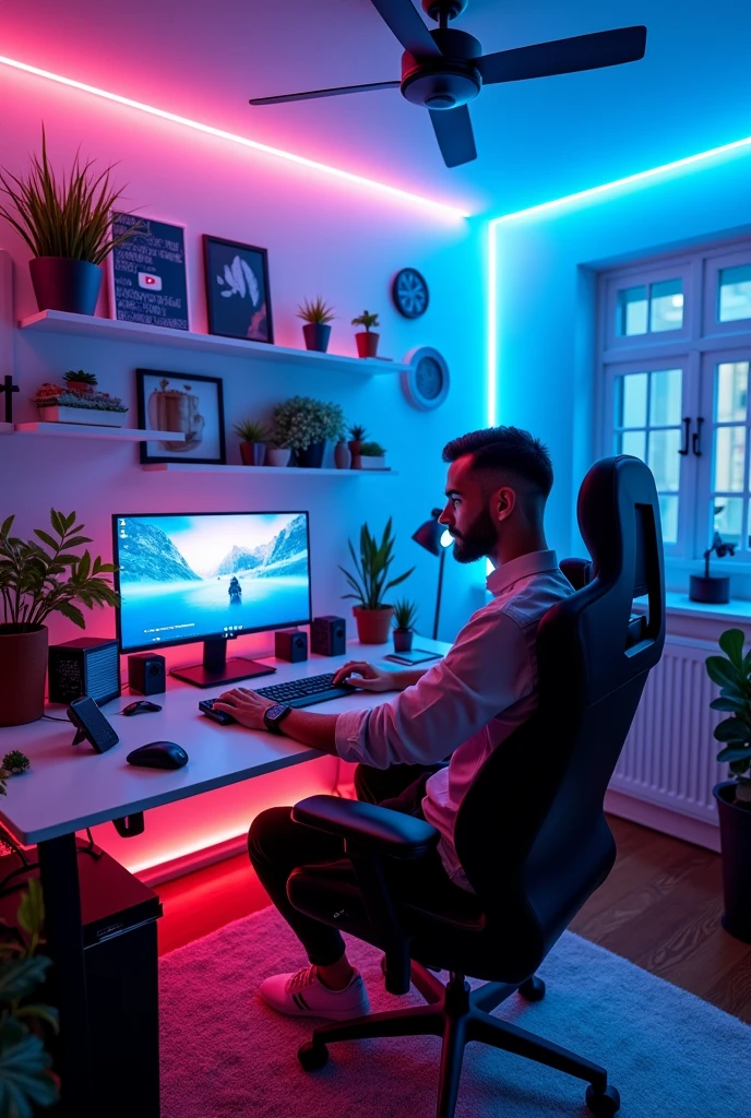Generate me a picture that looks like my room is for a YouTuber that have white blue neon light says SADOR image ratio 16:9 the picture is taken from the computer side