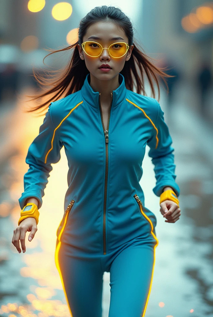 Chinese japan women average age 15 year old wear jumpasuit high tech(( blue yellow)). Running effect. Glowing yellow power. Runfast effect. Wear blue big glasses big frame.running speed of light. running athlete. Braces teeth. Bokeh background. Panning effect. Yellow high tech watch. a beautiful young chinese women, , wearing a high-tech blue and yellow loose jumpsuit,run on water, floating water bubble, photorealistic, detailed facial features, long hair, elegant pose, dynamic lighting, 8k, award-winning digital art, intricate details, vibrant colors, cinematic composition. very fasr run, highly detailed. light trail effect. speed of light. froze time effect. at the city.run water. spash water.