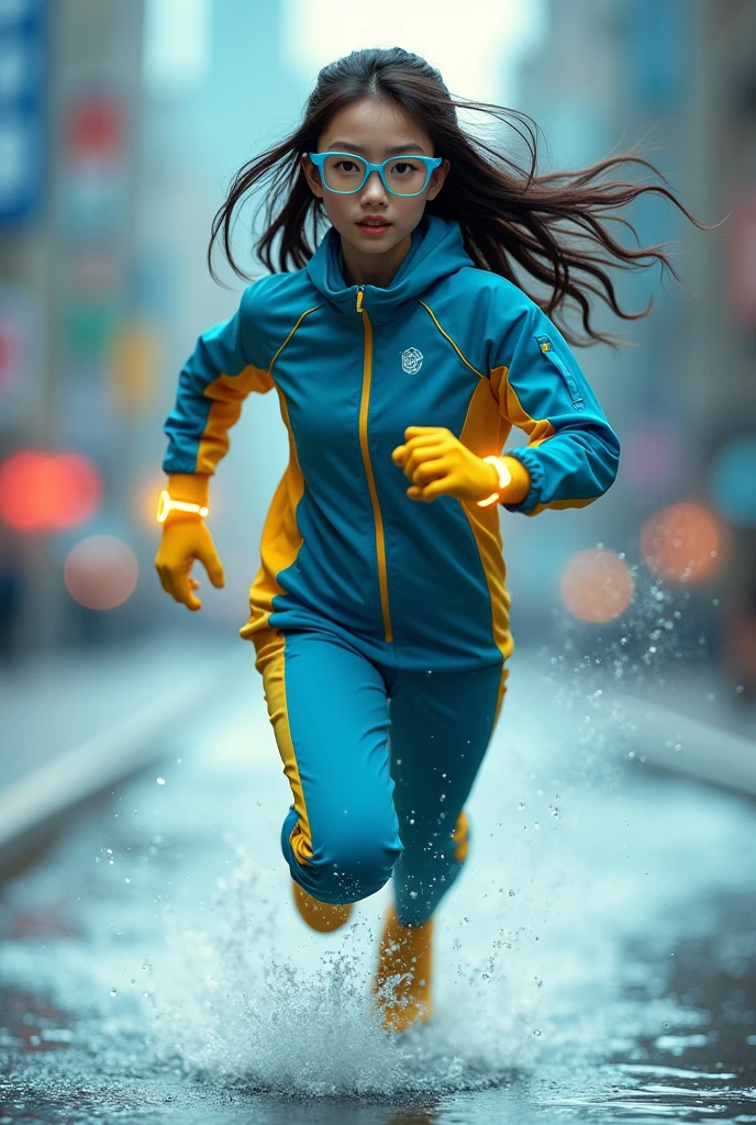 Chinese japan women average age 15 year old wear jumpasuit high tech(( blue yellow)). Running effect. Glowing yellow power. Runfast effect. Wear blue big glasses big frame.running speed of light. running athlete. Braces teeth. Bokeh background. Panning effect. Yellow high tech watch. a beautiful young chinese women, , wearing a high-tech blue and yellow loose jumpsuit,run on water, floating water bubble, photorealistic, detailed facial features, long hair, elegant pose, dynamic lighting, 8k, award-winning digital art, intricate details, vibrant colors, cinematic composition. very fasr run, highly detailed. light trail effect. speed of light. froze time effect. at the city.run water. spash water.