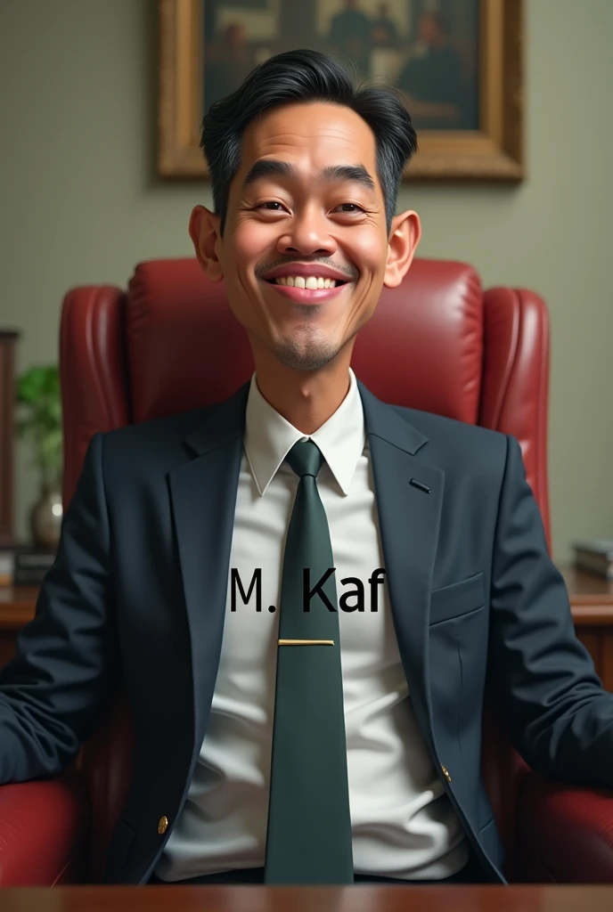 caricature, an Indonesian man, , in office clothes, sitting in the boss's chair, smiling faintly, on his chest written "M. KAF" with the same spelling, half body.