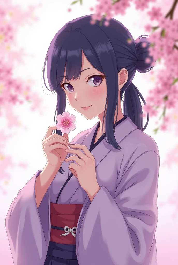 Hinata Hyuga from the Naruto series, holding a delicate cherry blossom flower in her hand, with a gentle smile on her face. She's wearing her traditional Hyuga clan outfit, with a soft, serene background.
