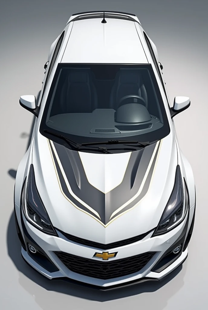 "Create a custom car wrap design for a white Chevrolet Sail 2018 sedan LS. The design should feature sleek, vectorized wings that extend from the front fenders to the rear, giving the car a dynamic, aerodynamic look. The wings should have a modern, geometric style with sharp lines and gradients that evoke motion and speed. Incorporate subtle metallic accents to highlight the contours of the car, while ensuring the overall design complements the white base color."